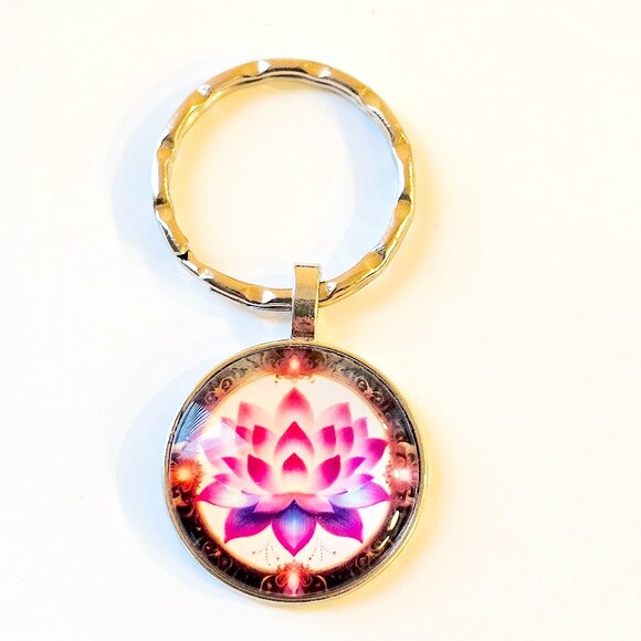 Lotus Flower Keychain Pink & Purple Glass Dome Charm Symbolizing Peace & Growth - Picture 1 of 4